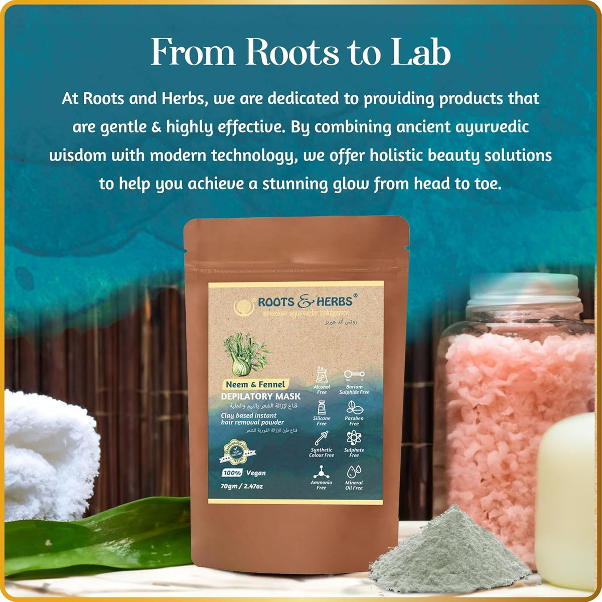 Roots & Herbs 'From Roots to Lab' — Neem & Fennel Ayurvedic body hair removal powder pouch with natural ingredients