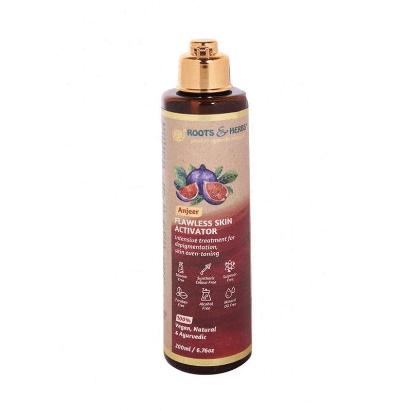 Anjeer Flawless Skin Activator bottle close-up – Roots & Herbs pigmentation treatment