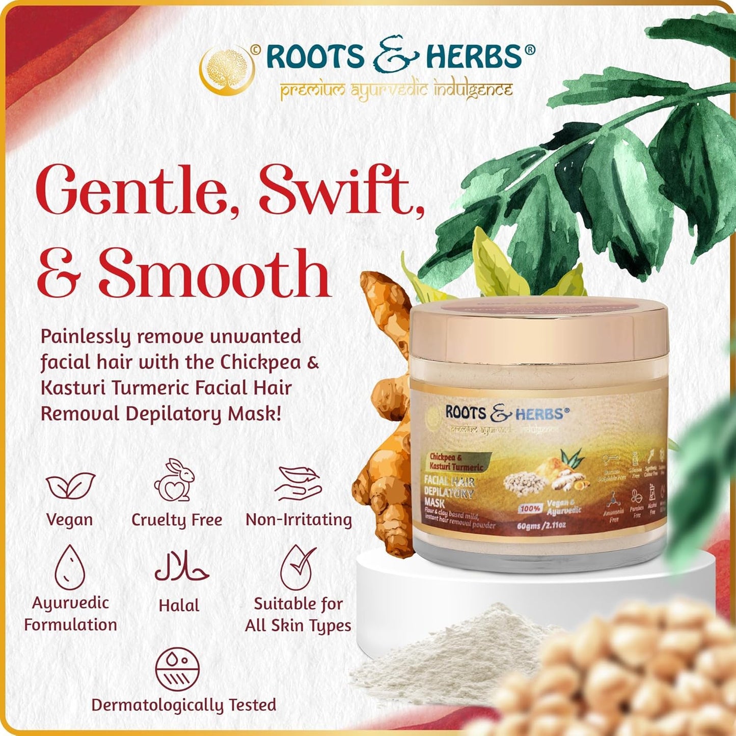 Chickpea & Kasturi Turmeric Facial Hair Depilatory Instant & Painless Facial Hair Removal Clay Powder (all Skin Types) With Spatula & Measuring Cup