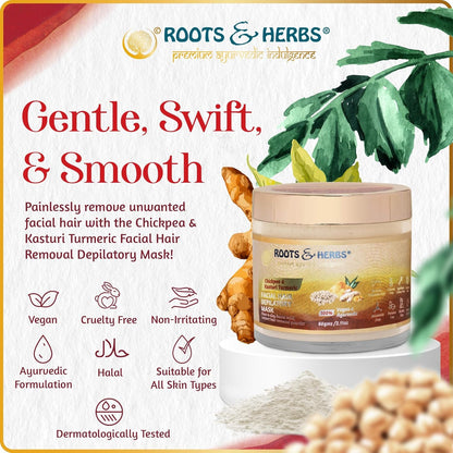 Chickpea & Kasturi Turmeric Facial Hair Depilatory Instant & Painless Facial Hair Removal Clay Powder (all Skin Types) With Spatula & Measuring Cup