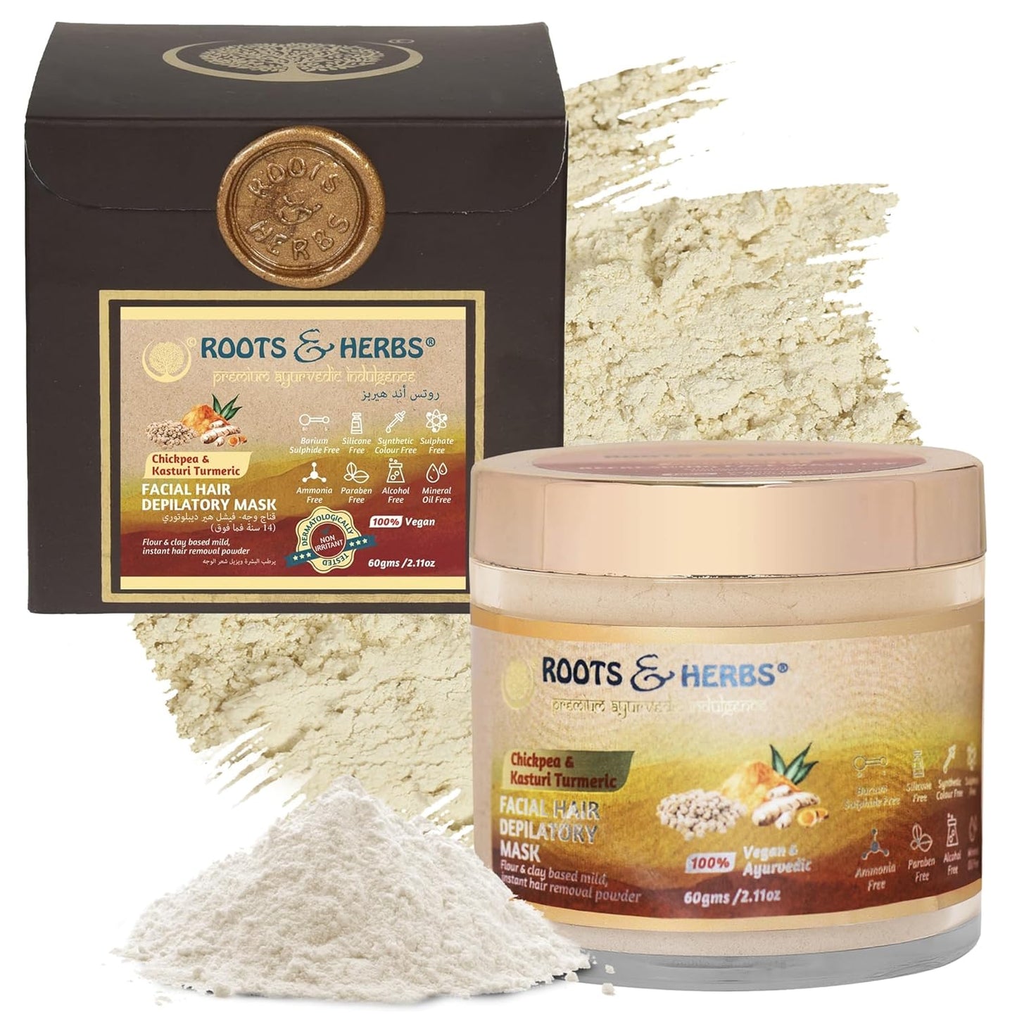 Chickpea & Kasturi Turmeric Facial Hair Depilatory Instant & Painless Facial Hair Removal Clay Powder (all Skin Types) With Spatula & Measuring Cup