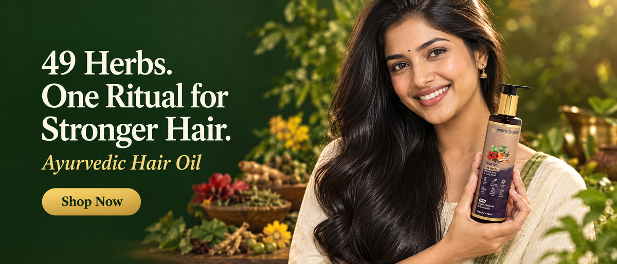 Woman with long healthy hair holding Roots & Herbs 49 Herbs Ayurvedic Hair Oil