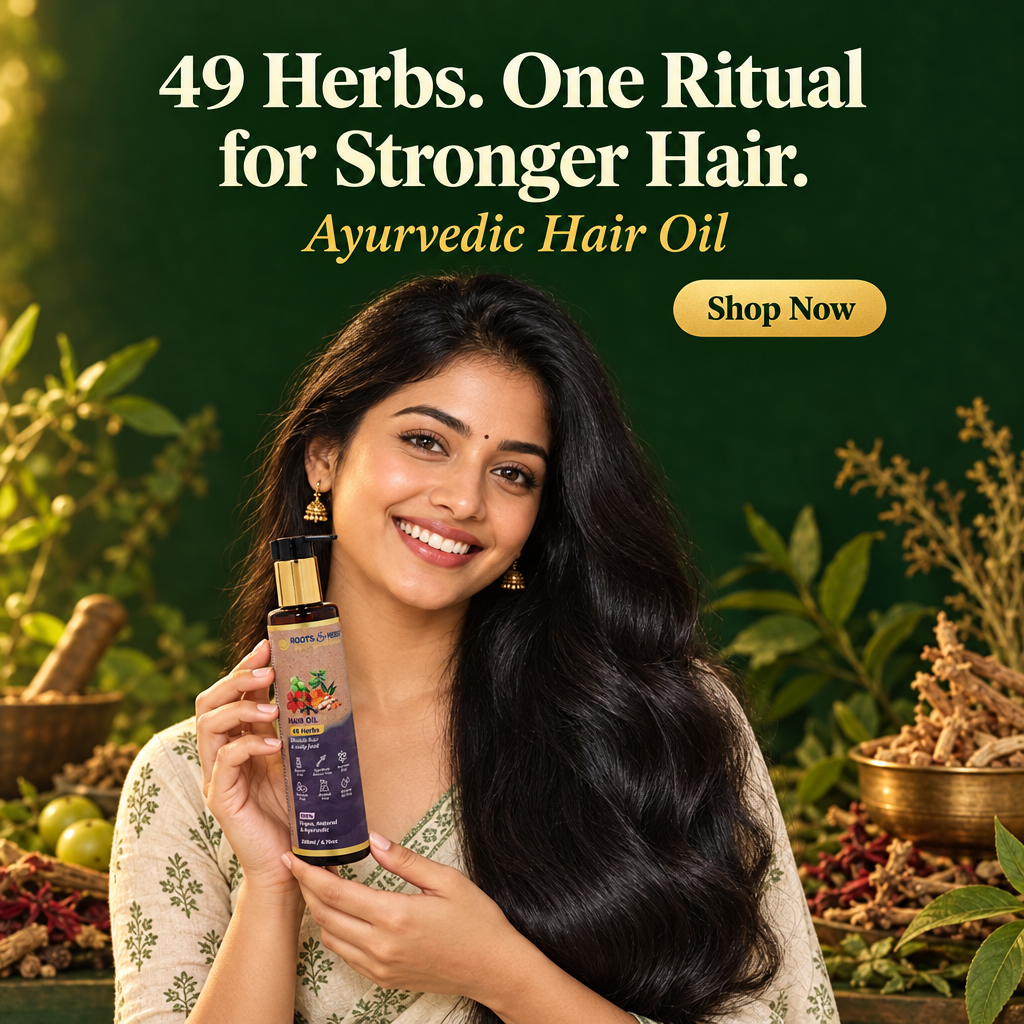 Woman with long healthy hair holding Roots & Herbs 49 Herbs Ayurvedic Hair Oil