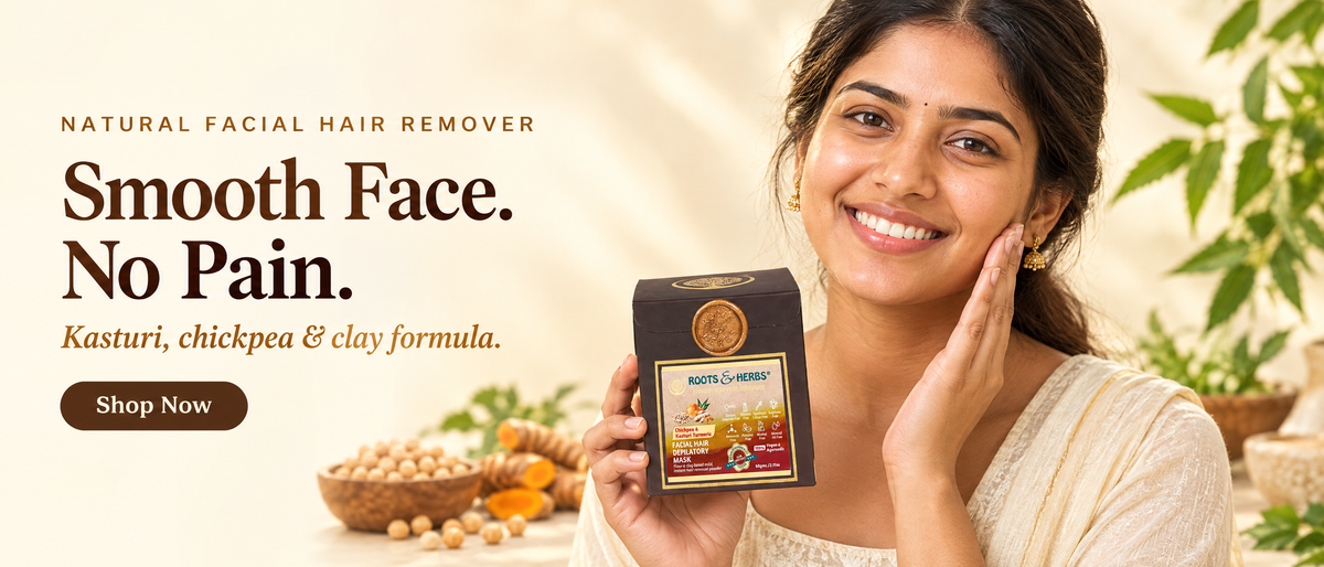 Woman holding Roots & Herbs Chickpea Kasturi facial hair remover, Smooth Face. No Pain.