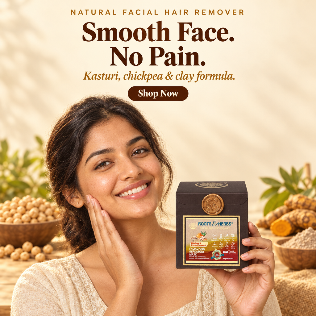 Woman holding Roots & Herbs Chickpea Kasturi facial hair remover, Smooth Face. No Pain.