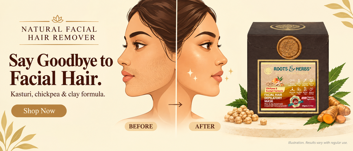 Illustration of facial hair before and after, Roots & Herbs Chickpea Kasturi facial hair remover