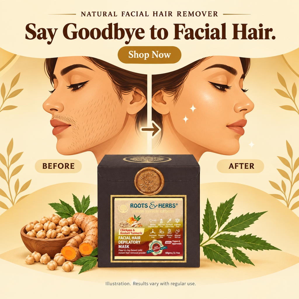 Illustration of facial hair before and after, Roots & Herbs Chickpea Kasturi facial hair remover
