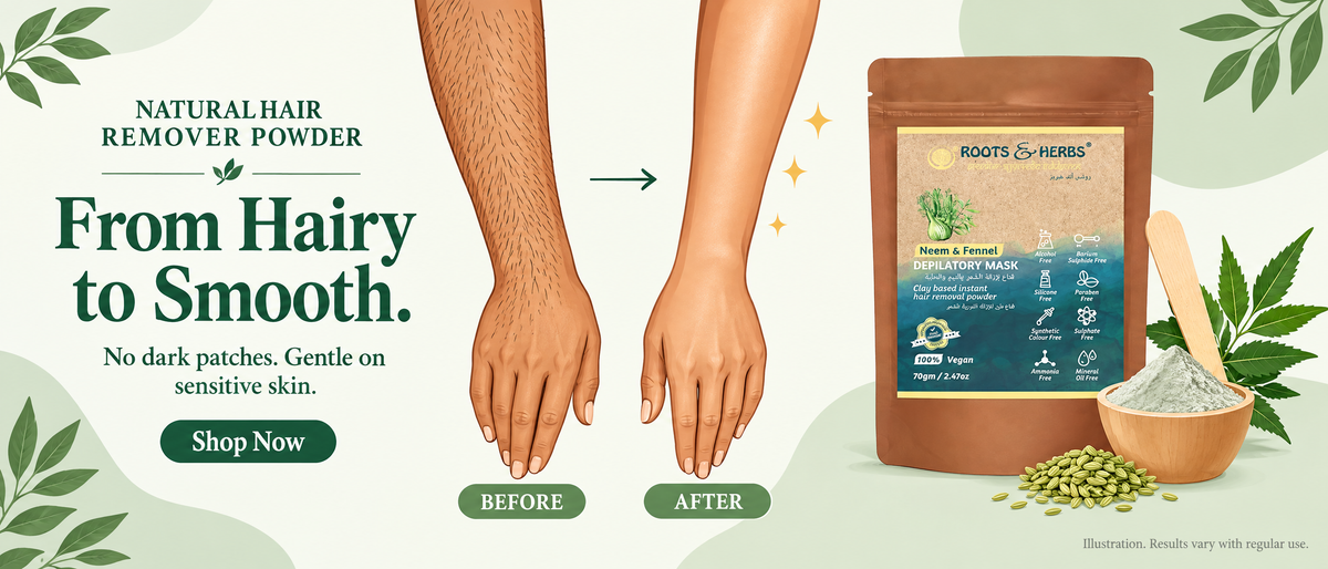 Illustration of arm hair before and after, Roots & Herbs Neem & Fennel hair remover powder