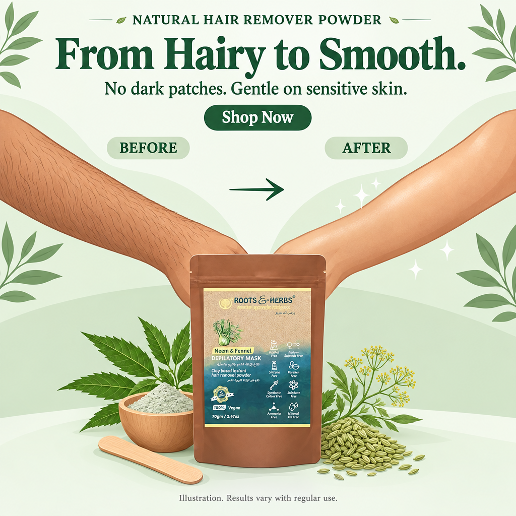 Illustration of arm hair before and after, Roots & Herbs Neem & Fennel hair remover powder