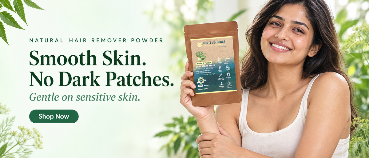 Woman holding Roots & Herbs Neem & Fennel natural hair remover powder, Smooth Skin. No Dark Patches.