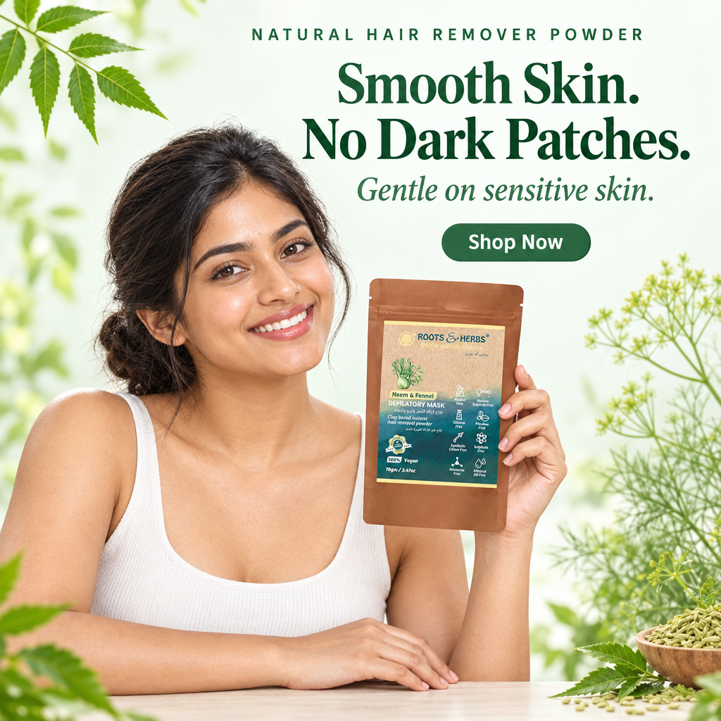 Woman holding Roots & Herbs Neem & Fennel natural hair remover powder, Smooth Skin. No Dark Patches.