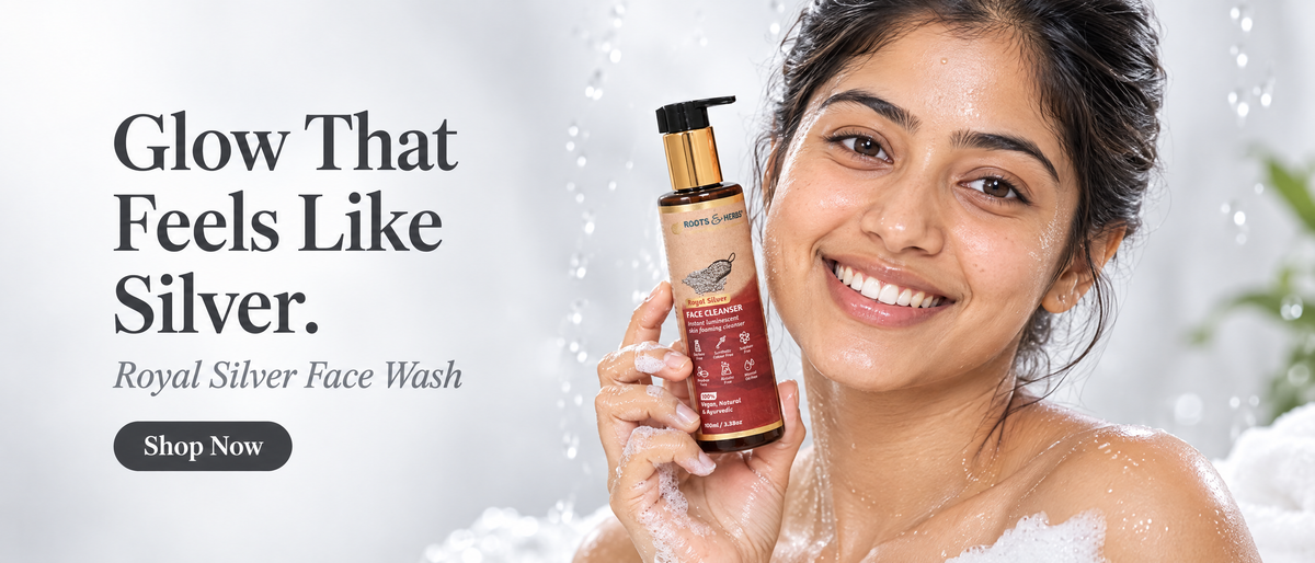 Woman holding Roots & Herbs Royal Silver Face Wash, Glow That Feels Like Silver