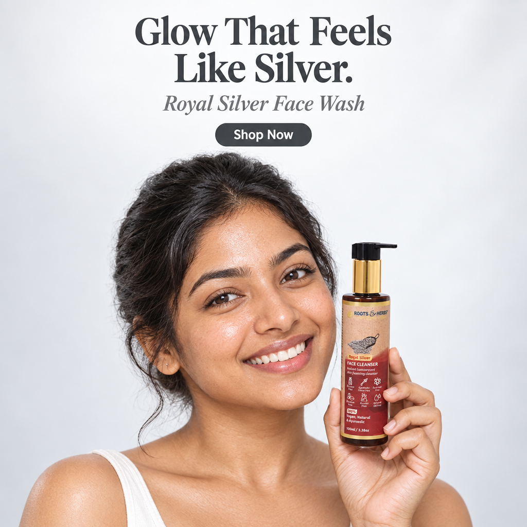 Woman holding Roots & Herbs Royal Silver Face Wash, Glow That Feels Like Silver